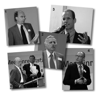8. Deutscher Medizinrechtstag, 21.-22. September 2007 in Hamburg Lebhafte Diskussionen auf dem 8. Deutschen Medizinrechtstag: 1. RA Dr. Peter Schabram, 2. Walter Plassmann, KV Hamburg, 3. Prof. Dr. Christian Katzenmeier, Institut für Medizinrecht, Köln, 4. RA Prof. Dr. Hermann Plagemann, 5. RA Dr. Wolfgang Krafczyk, 6. Jürgen Mahnkopf, Staatsanwaltschaft Hannover