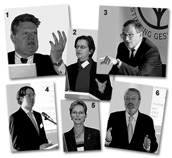 9. Deutscher Medizinrechtstag, 19.-20. September 2008 in Erfurt Lebhafte Diskussionen auf dem 9. Deutschen Medizinrechtstag: 1. Günter Danner, Stv. Direktor der Europavertretung der Deutschen Sozialversicherung, Brüssel, 2. Dr. rer. pol. Ilona Köster-Steinebach, KV Bayern, 3. RA Prof. Dr. Michael Quaas, 4. Dr. Nikolai von Schroeders, KSB-Klinikberatung GmbH, 5. Dipl.-Med. Regina Feldmann, KV Thüringen, 6. Prof. Dr. Dr. h.c. Peter Oberender, Universität Bayreuth