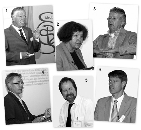 10. Deutscher Medizinrechtstag, 4.-5. September 2009 in Frankfurt Lebhafte Diskussionen auf dem 10. Deutschen Medizinrechtstag 1. Priv. Doz. Dr. Holger Thomsen, AOK Schleswig-Holstein, Institut für Medizinschaden, Kiel 2. Dr. Gerda Müller, Vizepräsidentin und Vorsitzende Richterin am BGH a. D., Karlsruhe 3. Rechtsanwalt Dr. Michael Kleine-Cosack, Freiburg 4. Steuerberater Michael Hieret, Mülheim an der Ruhr 5. Rechtsanwalt Klaus Fischer, Flensburg 6. Wolfgang Frahm, Vorsitzender Richter am Oberlandesgericht Schleswig-Holstein, Schleswig