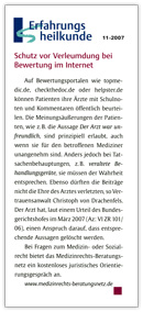 Erfahrungsheilkunde November 2007: Schutz vor Verleumdung bei Bewertung im Internet Erfahrungsheilkunde November 2007: Schutz vor Verleumdung bei Bewertung im Internet
