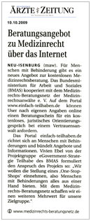 Ärzte-Zeitung Oktober 2009: Beratungsangebot zu Medizinrecht über das Internet Ärzte-Zeitung Oktober 2009: Beratungsangebot zu Medizinrecht über das Internet